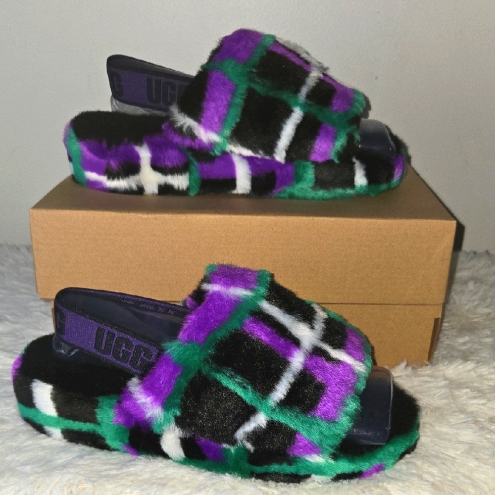 UGG Multicolor Plaid Fluff Yeah Slide Slippers Women's US 7
